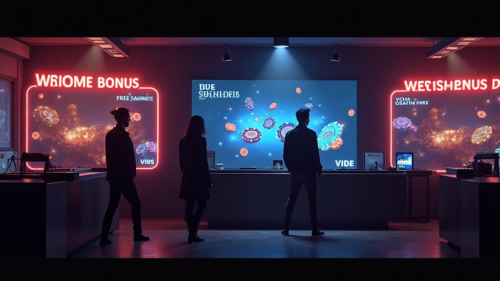 Panel de bienvenida con bonos, giros gratis y un jugador revisando ofertas de registro